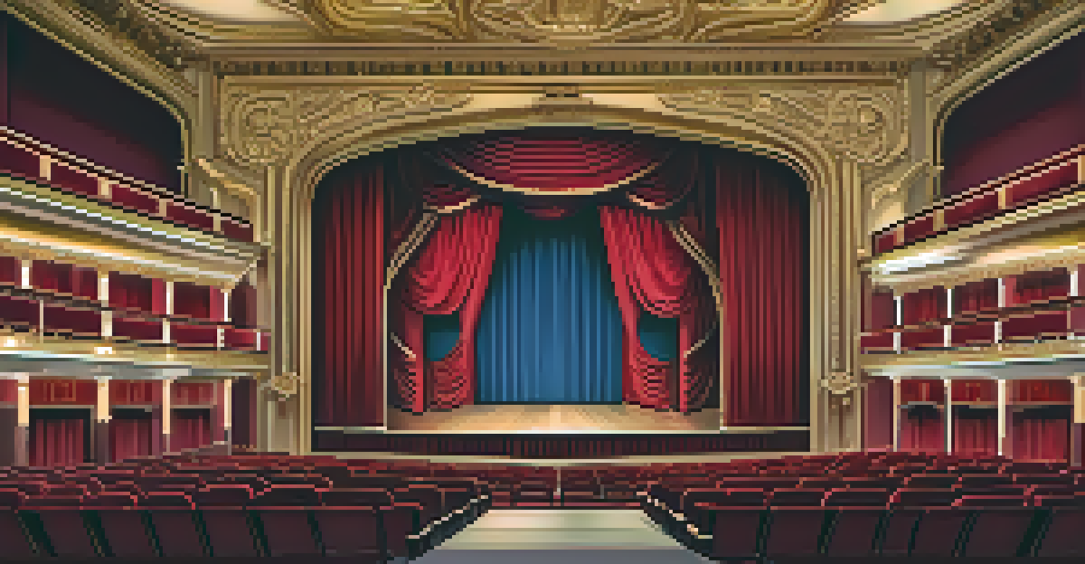 Interior of a historic theater featuring plush red velvet seats and intricate murals, softly illuminated by golden light.