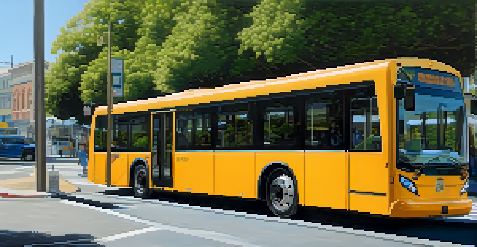 A modern electric bus at a bus stop in San Francisco with people boarding and greenery in the surrounding area.