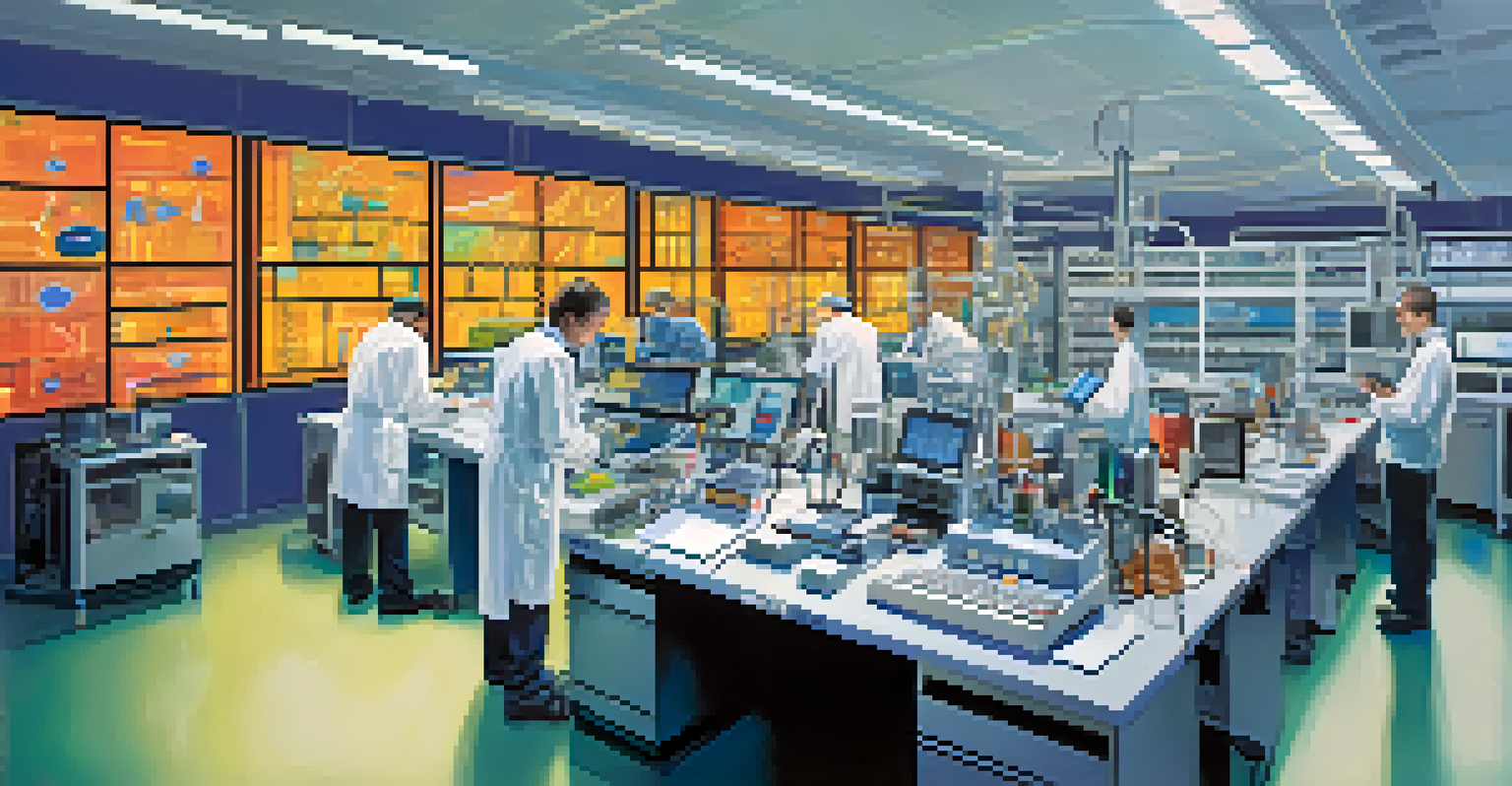 Interior view of a UC Berkeley laboratory with researchers using advanced equipment and colorful scientific displays.