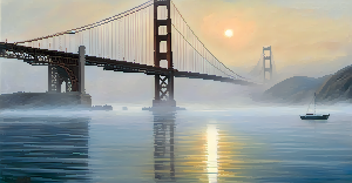 A ghostly woman in a white dress stands on the Golden Gate Bridge, surrounded by fog, with the setting sun casting a warm glow.