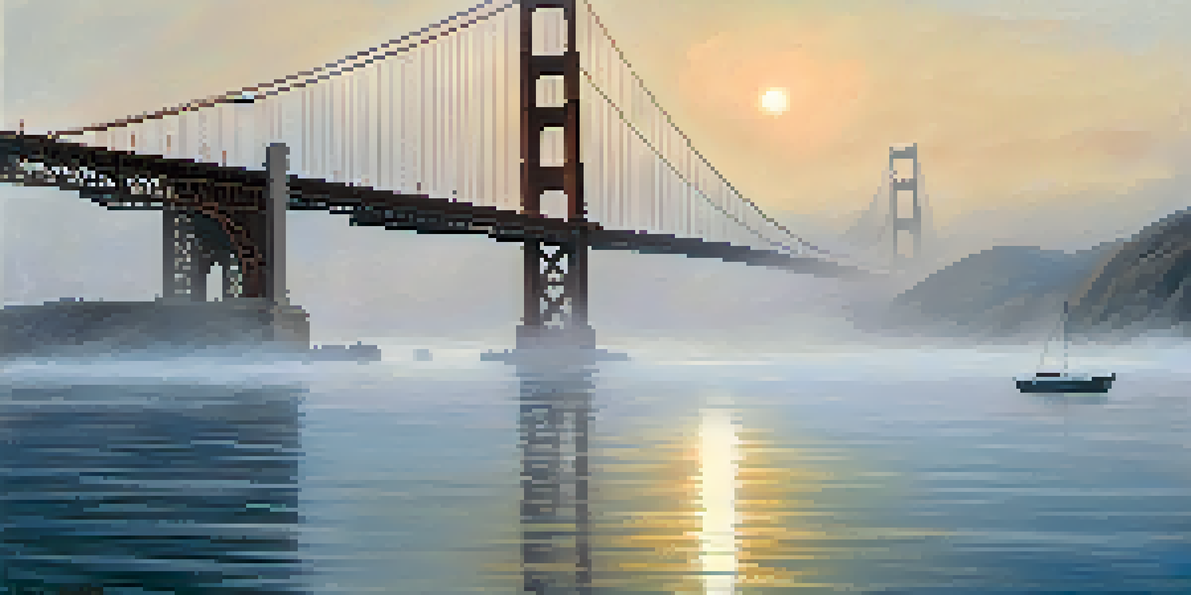 A ghostly woman in a white dress stands on the Golden Gate Bridge, surrounded by fog, with the setting sun casting a warm glow.