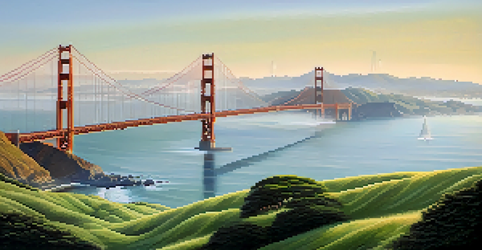 A panoramic view of the San Francisco coastline with the Golden Gate Bridge in fog, gentle waves, and green hills.