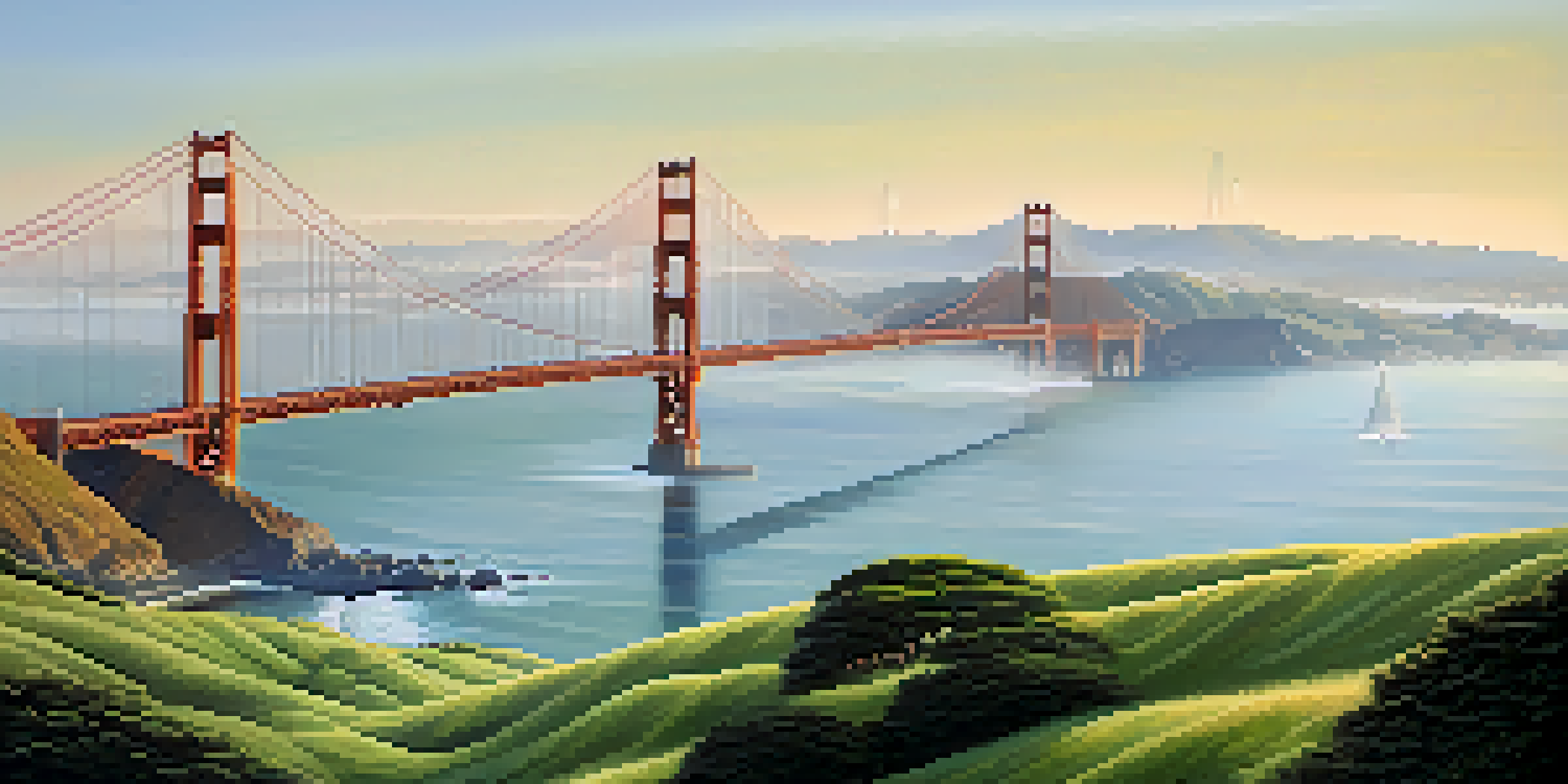 A panoramic view of the San Francisco coastline with the Golden Gate Bridge in fog, gentle waves, and green hills.