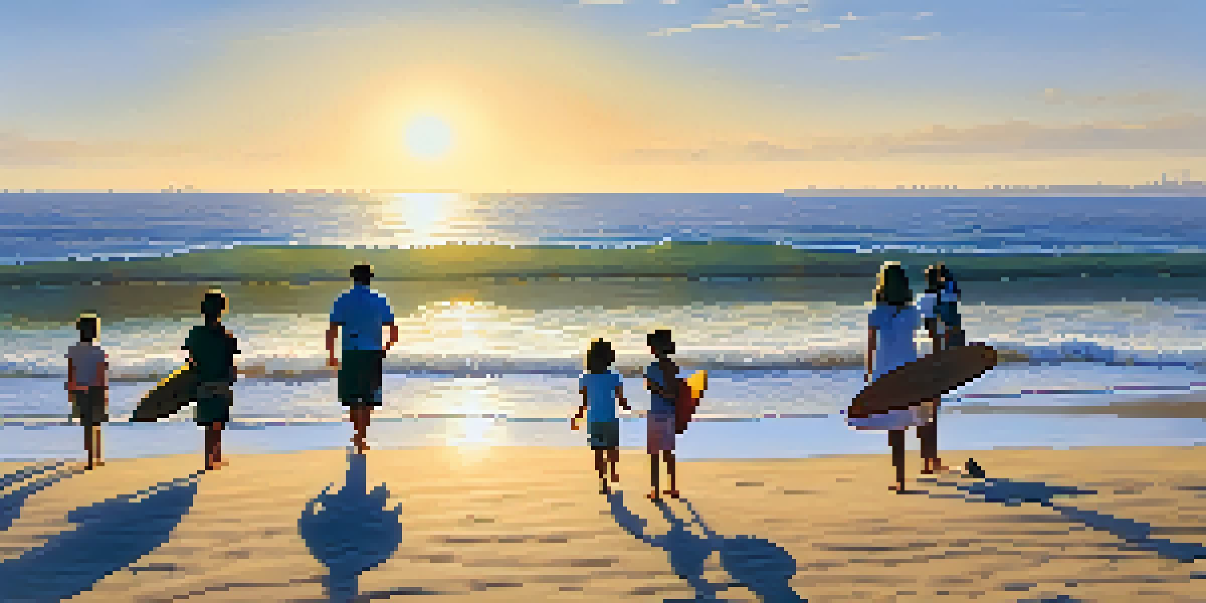 A family-friendly beach scene at Ocean Beach with golden sand and surfers in the waves.