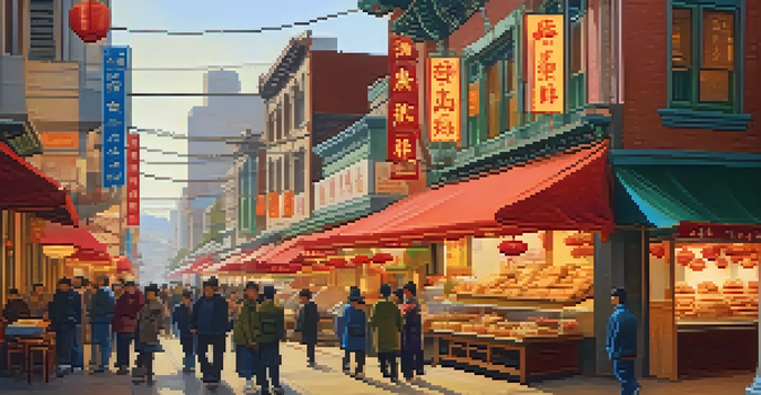 A colorful street in Chinatown with dim sum carts, noodle shops, and a bakery window displaying pastries, with people chatting.