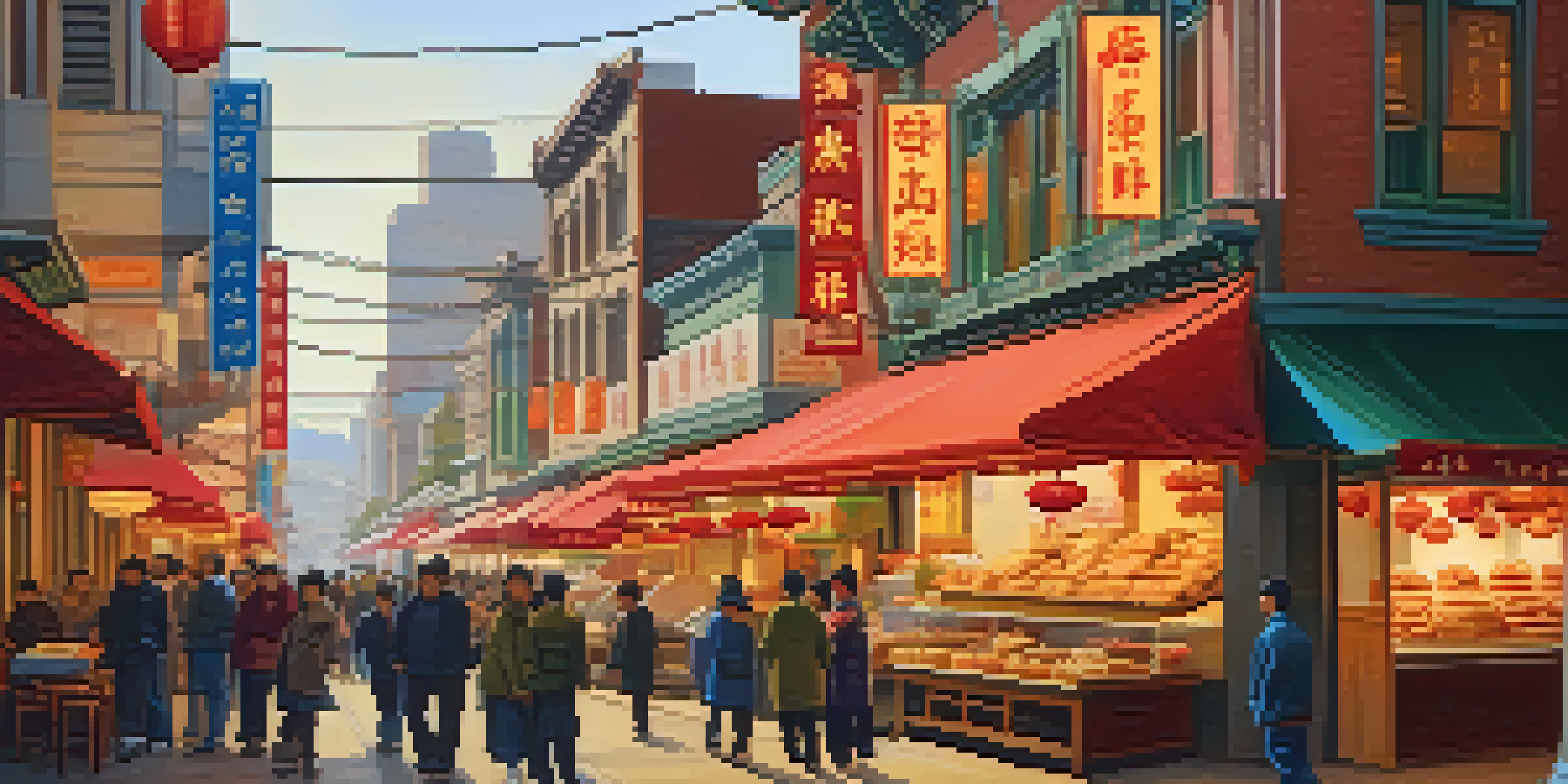 A colorful street in Chinatown with dim sum carts, noodle shops, and a bakery window displaying pastries, with people chatting.