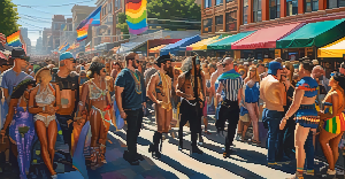 A lively street scene at the Folsom Street Fair with diverse attendees in colorful costumes, artistic booths, and warm sunlight.