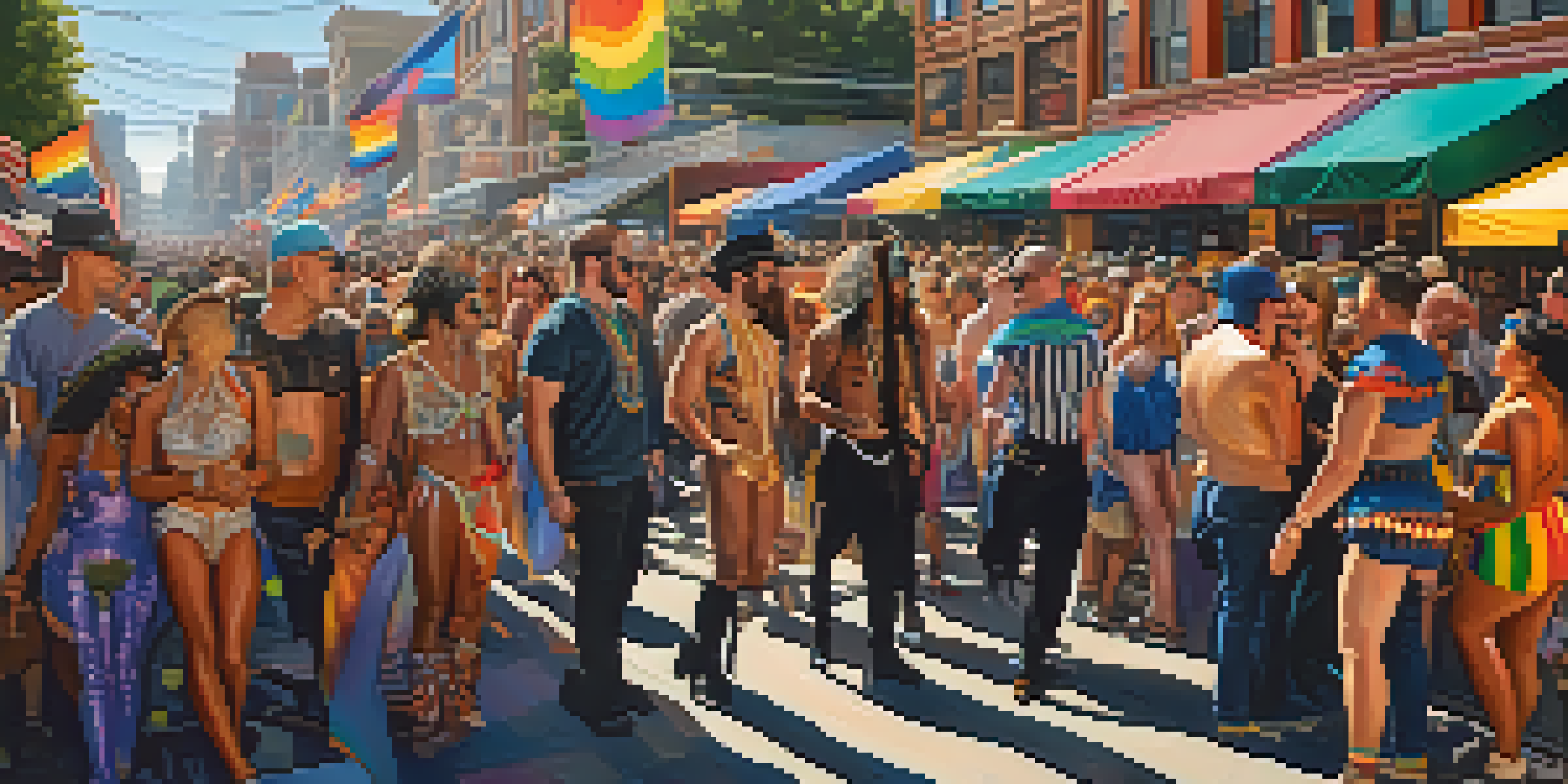 A lively street scene at the Folsom Street Fair with diverse attendees in colorful costumes, artistic booths, and warm sunlight.