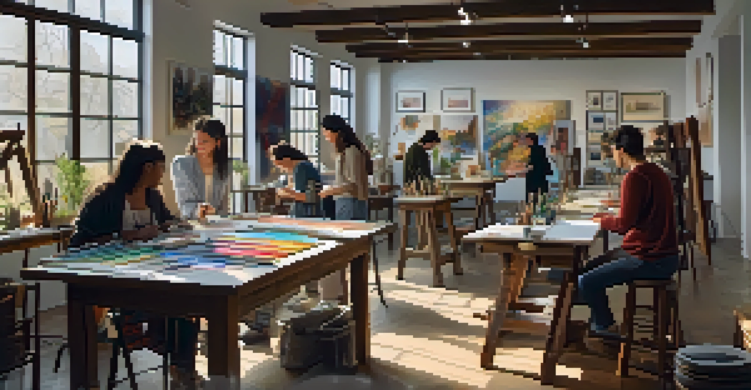 A workshop in an art gallery with a diverse group of people participating in a painting class.