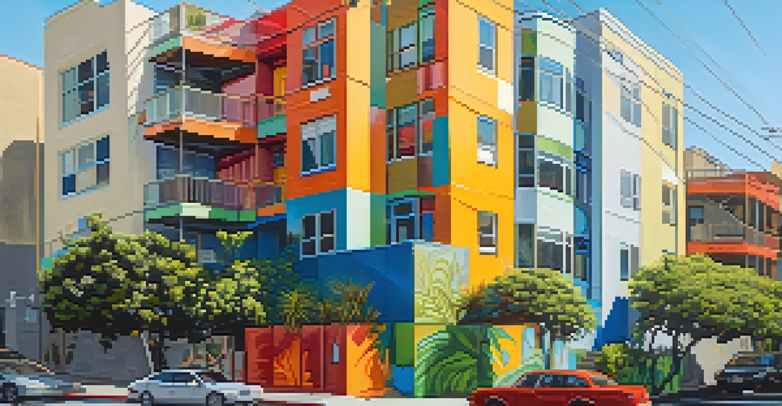 A close-up of a colorful apartment building in the Mission District with murals and greenery, sunlight casting shadows.