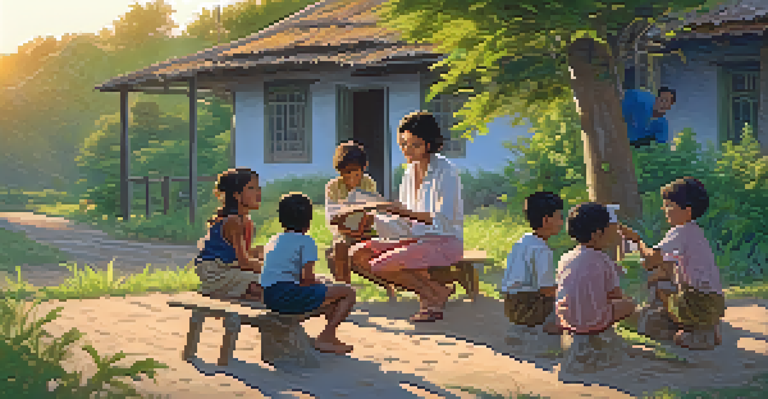 A volunteer teaching children to paint outdoors in a rural area with lush greenery and traditional homes in the background.