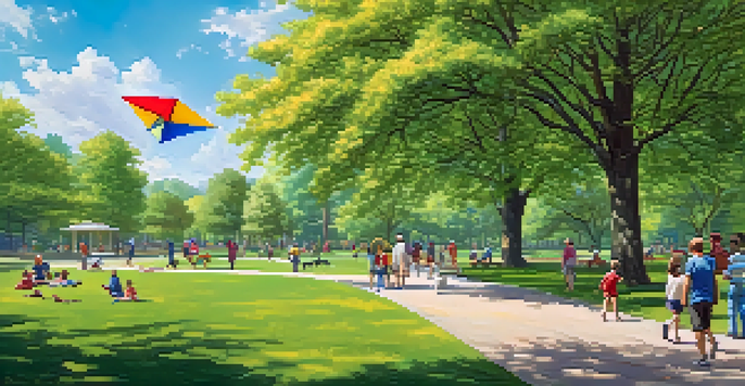 A lively park filled with families, children playing with a kite, and people walking dogs under a clear blue sky.