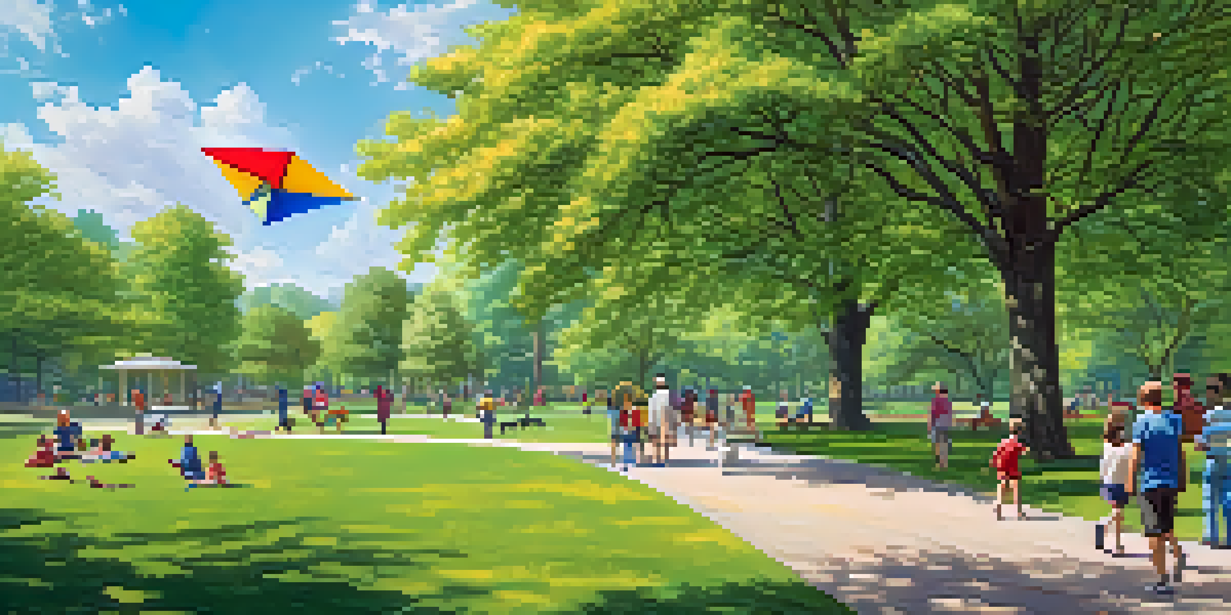 A lively park filled with families, children playing with a kite, and people walking dogs under a clear blue sky.