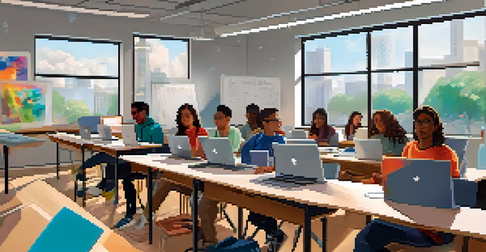 A diverse group of students working together in a bright coding boot camp classroom with laptops and whiteboards.
