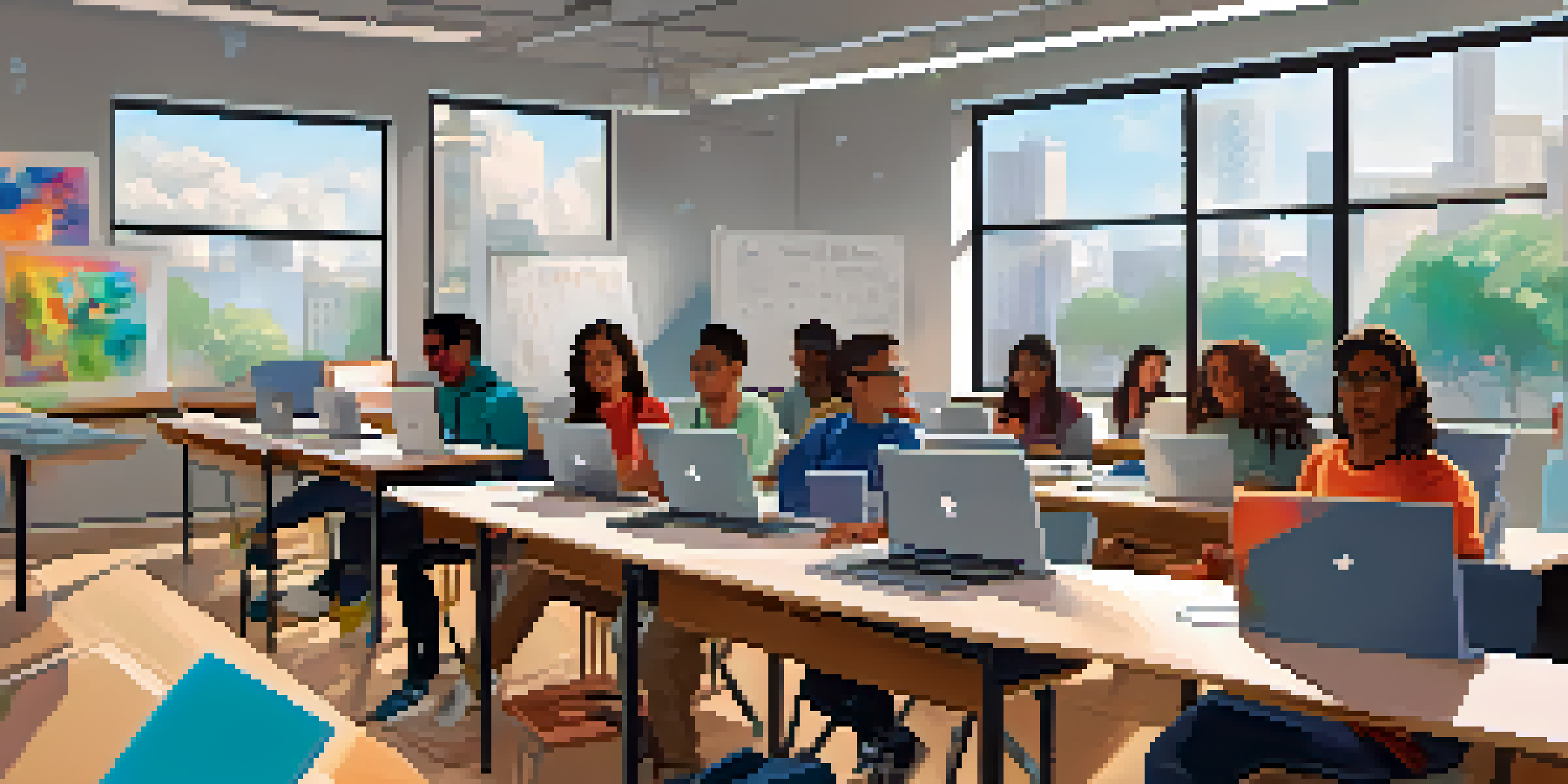 A diverse group of students working together in a bright coding boot camp classroom with laptops and whiteboards.