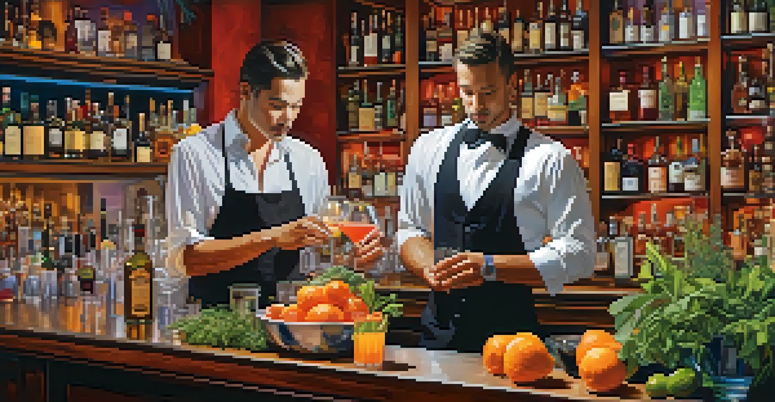 A bartender mixing a cocktail at a bar, surrounded by fresh herbs, fruits, and artisanal spirits in a well-lit setting.