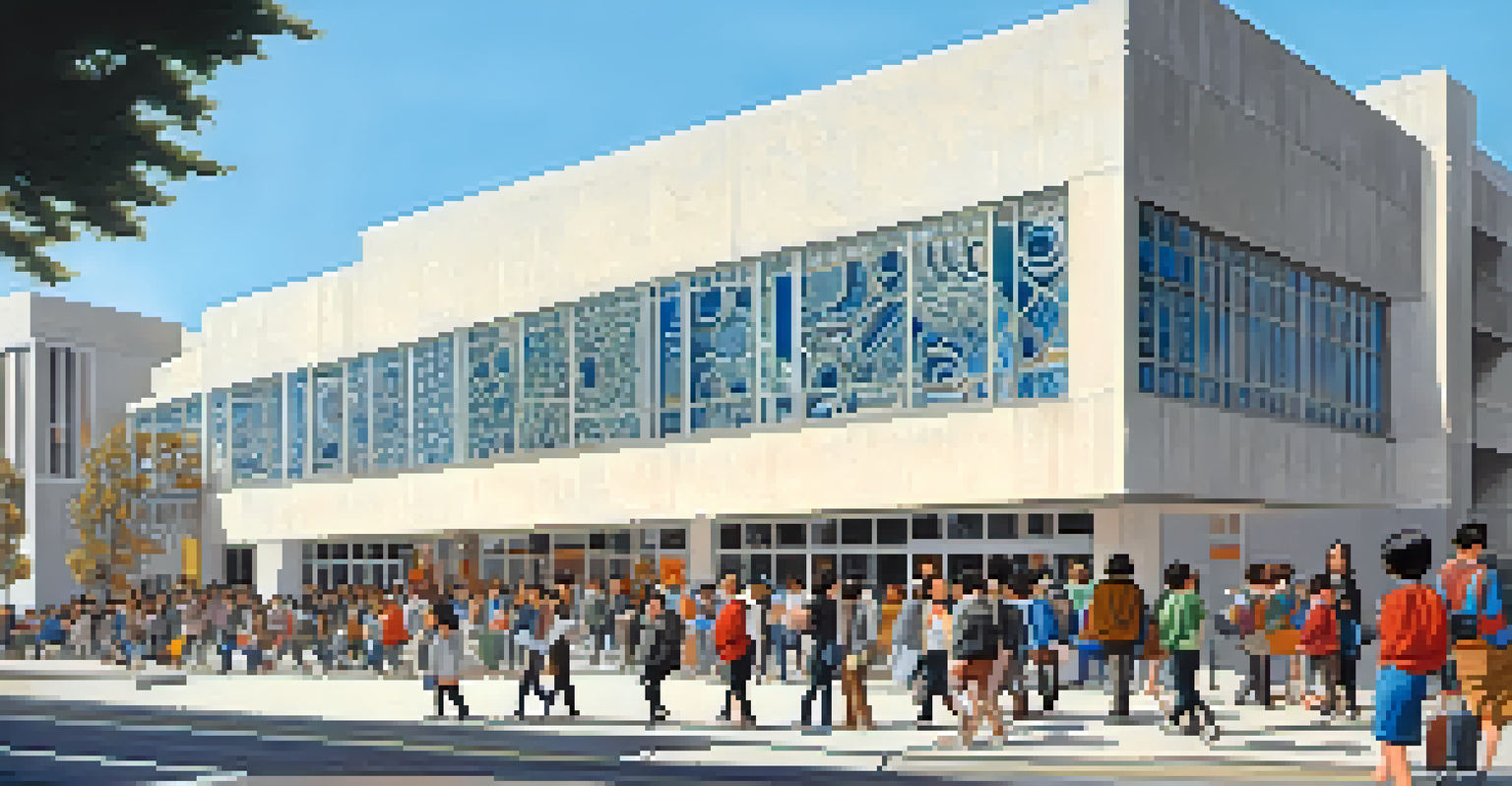 The exterior of Ruth Asawa San Francisco School of the Arts, featuring modern architecture and students heading inside.