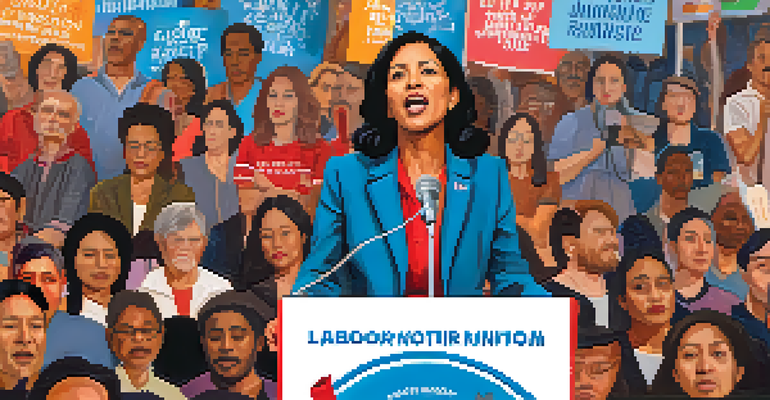 A female labor leader passionately speaking at a podium during a labor rights conference in San Francisco, with an engaged audience and banners in the background.