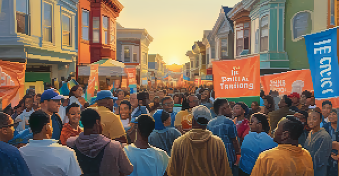 A group of diverse young voters participating in a community meeting, engaging with local leaders and discussing important issues, set against a warm sunset.