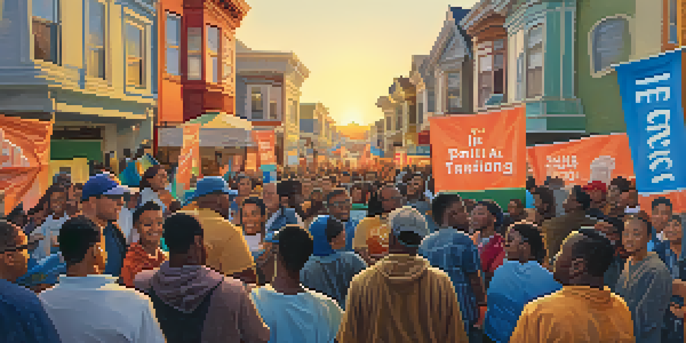 A group of diverse young voters participating in a community meeting, engaging with local leaders and discussing important issues, set against a warm sunset.