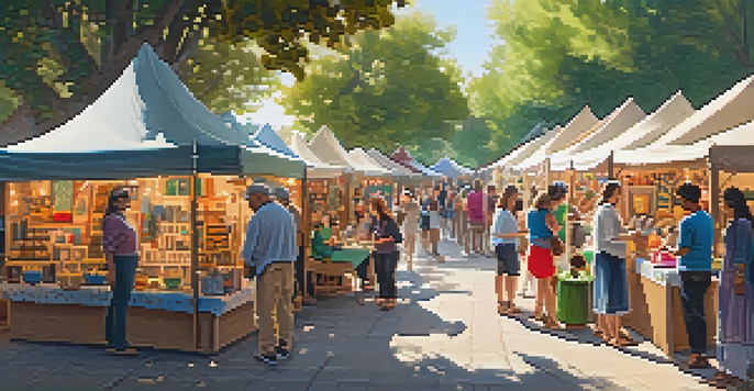 A lively artisan fair with colorful stalls showcasing handmade goods, smiling visitors, and artisans interacting with customers under the warm sunlight.