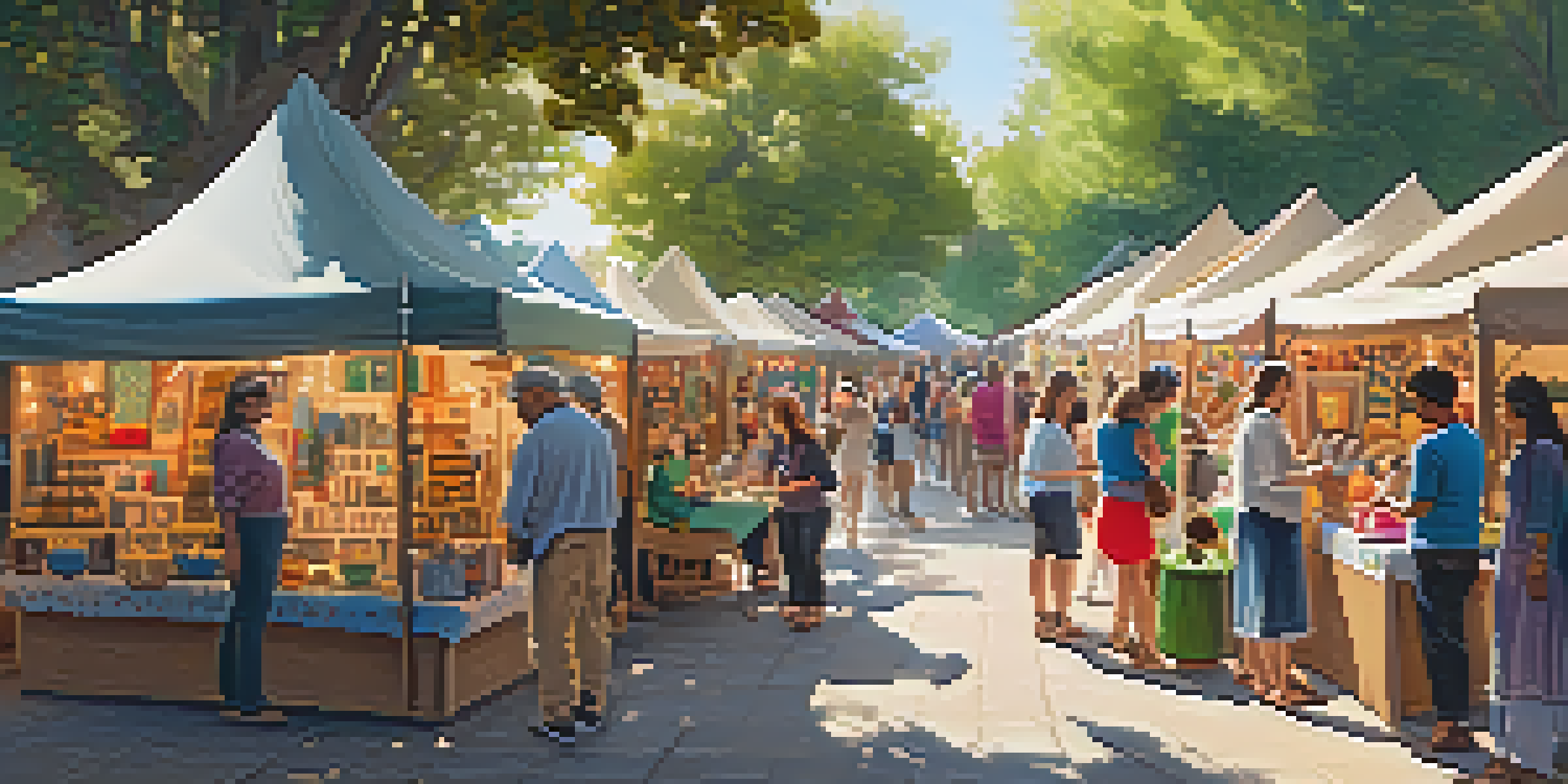 A lively artisan fair with colorful stalls showcasing handmade goods, smiling visitors, and artisans interacting with customers under the warm sunlight.
