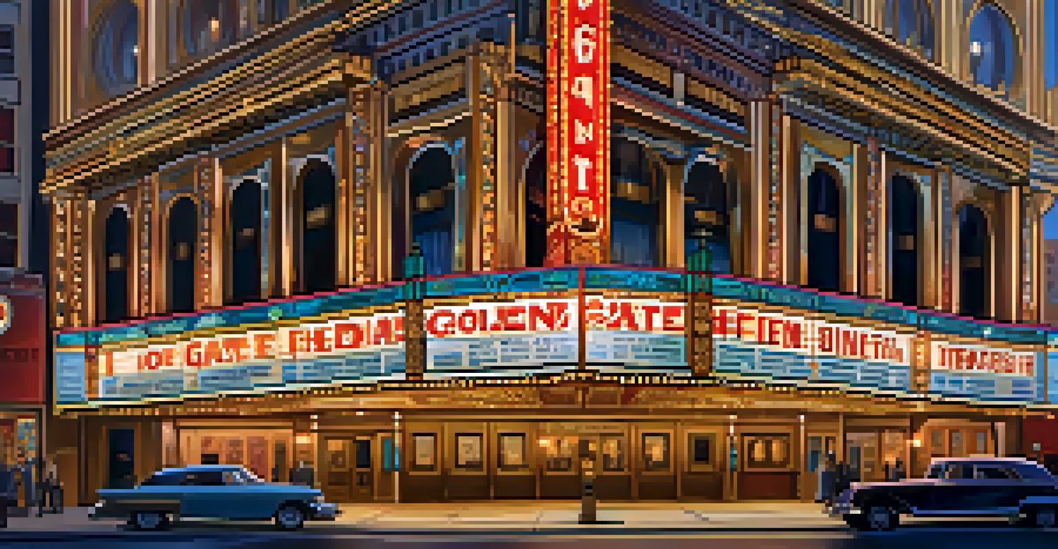 A street view of the Golden Gate Theater in San Francisco, featuring its colorful Art Deco facade and lively atmosphere during twilight.