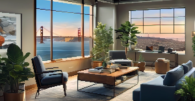 A diverse team of remote workers collaborating over a video call in a modern office with a view of the Golden Gate Bridge.