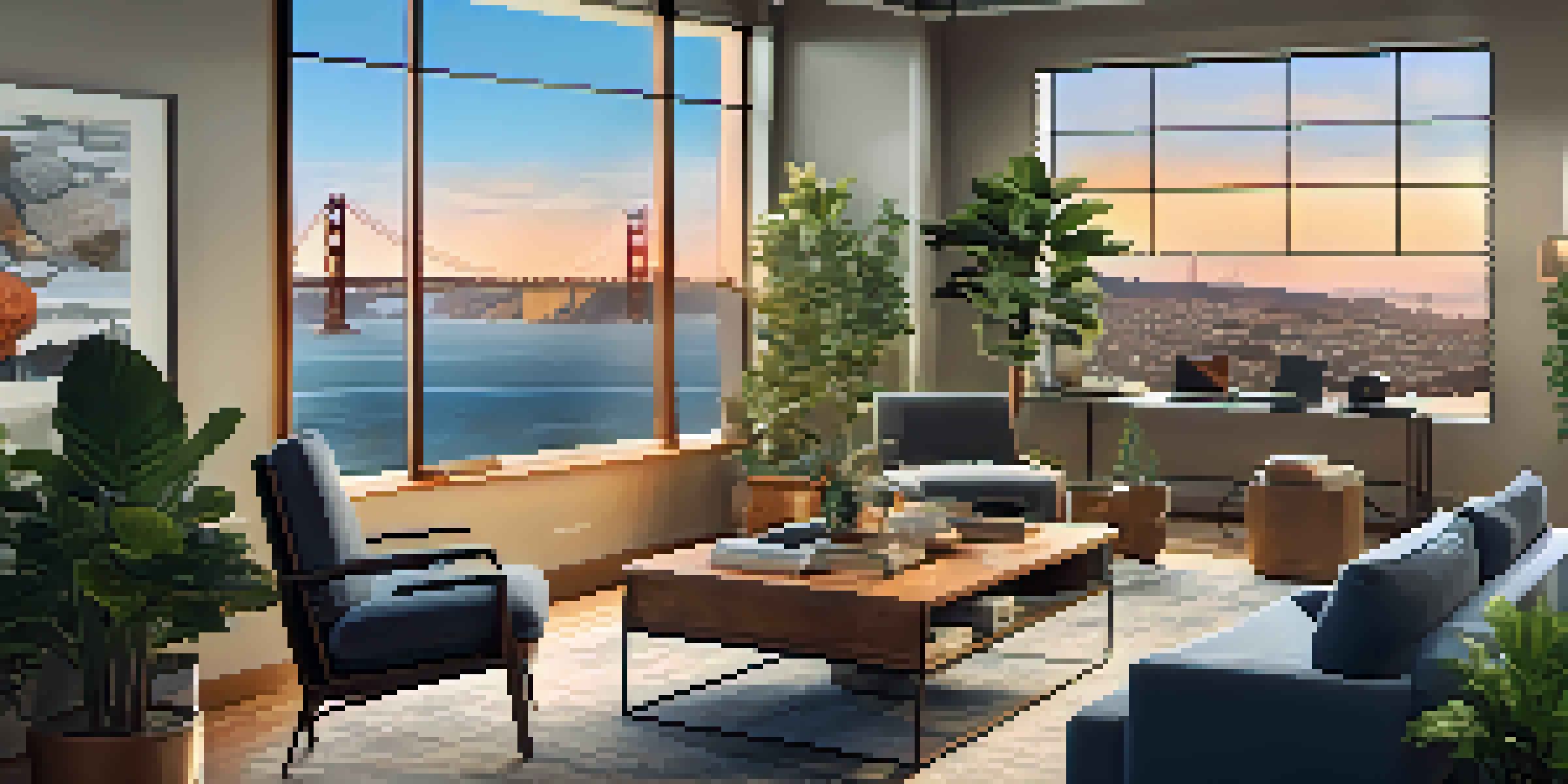 A diverse team of remote workers collaborating over a video call in a modern office with a view of the Golden Gate Bridge.