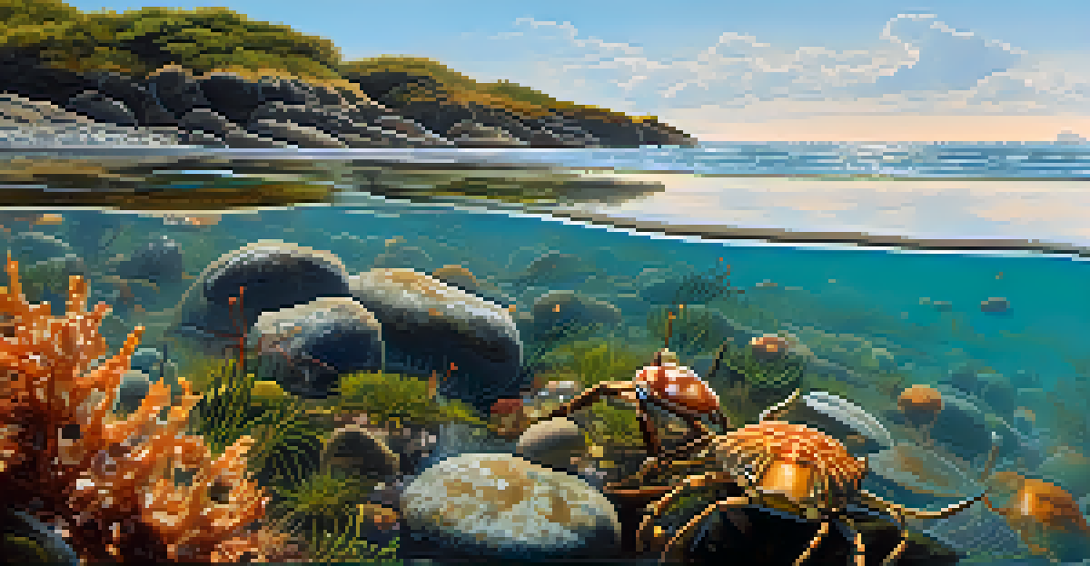 A close-up of a tidal pool at low tide, showing crabs, seaweeds, and barnacles, with sunlight illuminating the underwater scene.