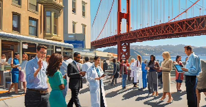 A busy street in San Francisco with healthcare professionals and patients using devices for telemedicine, with the Golden Gate Bridge in the background.