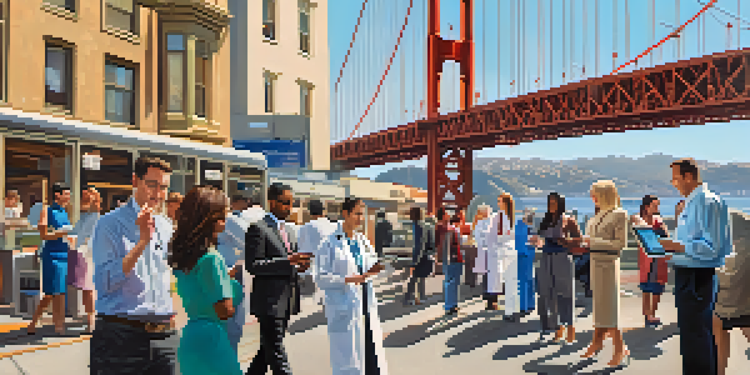 A busy street in San Francisco with healthcare professionals and patients using devices for telemedicine, with the Golden Gate Bridge in the background.