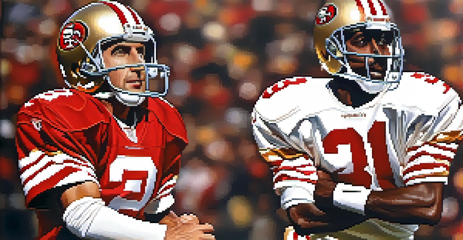 A close-up of San Francisco 49ers legends Joe Montana and Jerry Rice in athletic poses, with red and gold colors in the background.