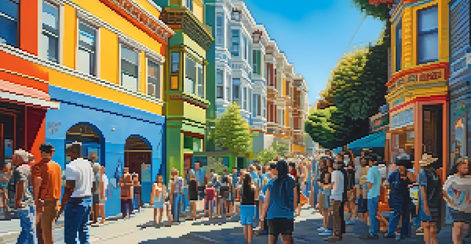 A lively street scene in the Mission District with colorful murals and diverse people enjoying the art under a sunny sky.