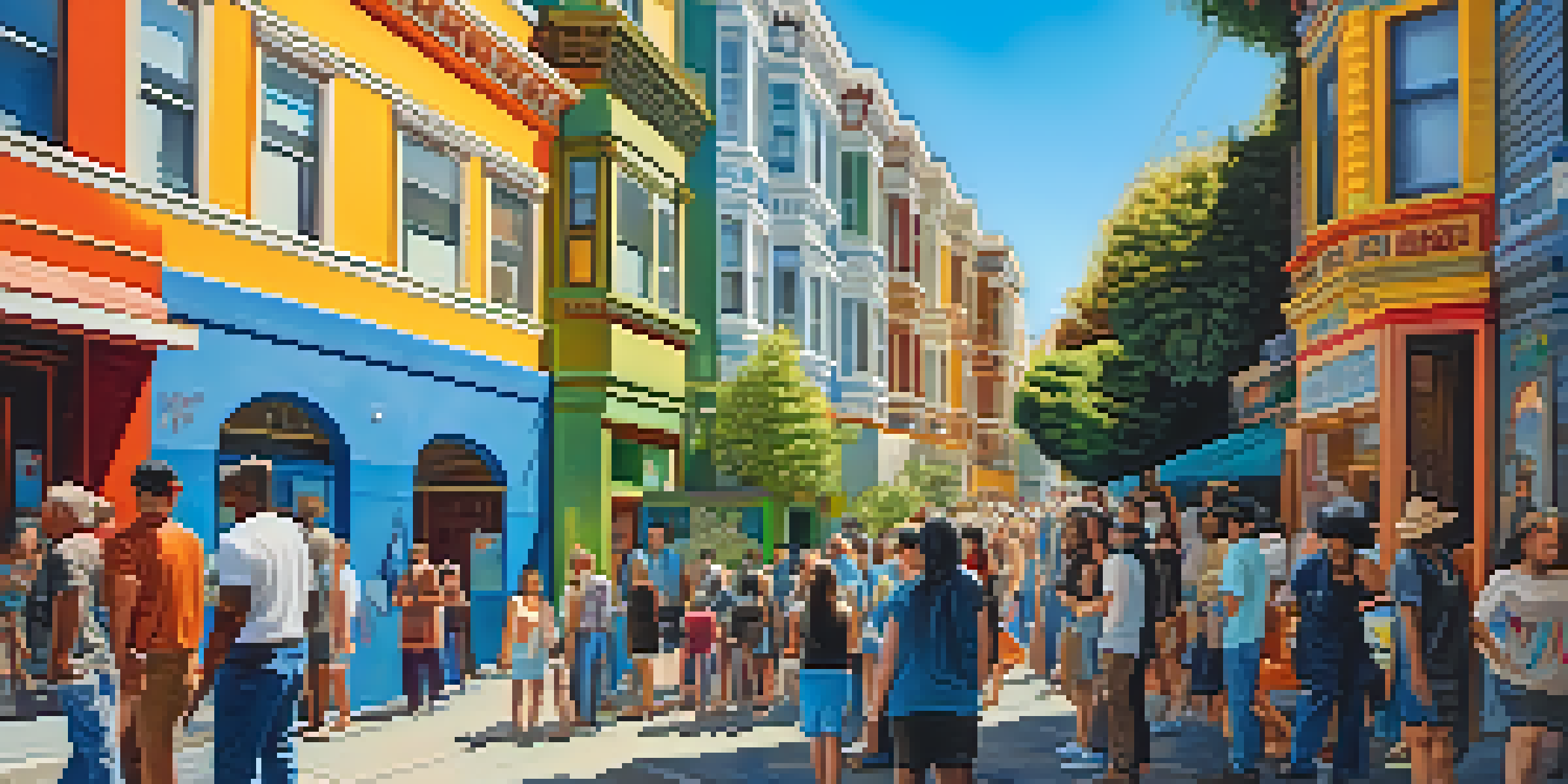 A lively street scene in the Mission District with colorful murals and diverse people enjoying the art under a sunny sky.