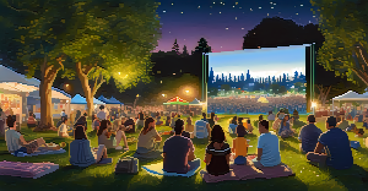 Community members gathered at Mission Dolores Park for an outdoor movie night, with a large screen, food vendors, and fairy lights creating a festive atmosphere.