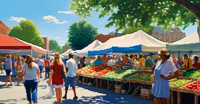 A lively farmers' market with diverse people shopping for fresh produce and handmade items under sunny skies.