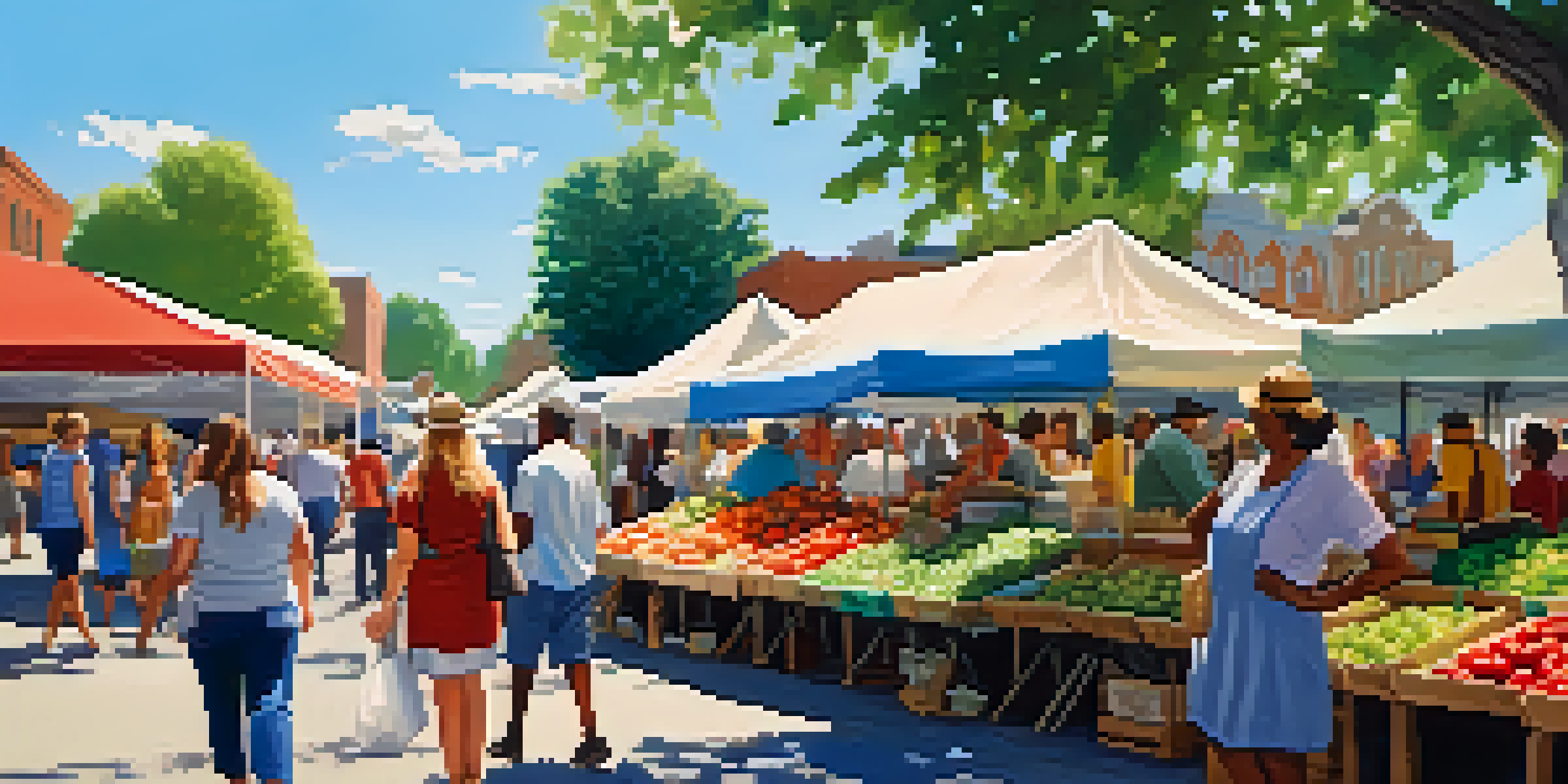 A lively farmers' market with diverse people shopping for fresh produce and handmade items under sunny skies.