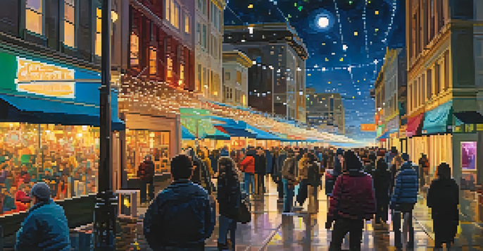 A lively night scene of the Illuminate SF Festival of Light, featuring colorful light displays and people enjoying the art installations against the San Francisco skyline.