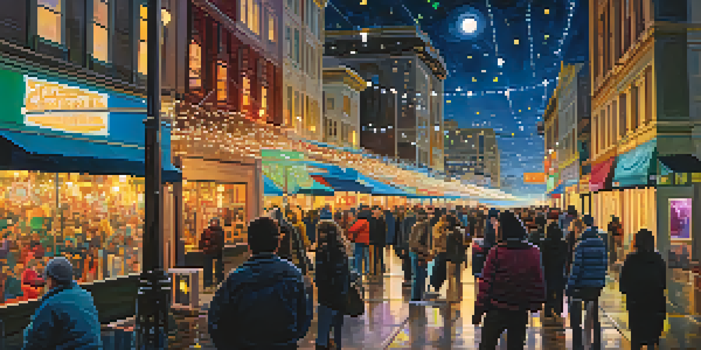 A lively night scene of the Illuminate SF Festival of Light, featuring colorful light displays and people enjoying the art installations against the San Francisco skyline.