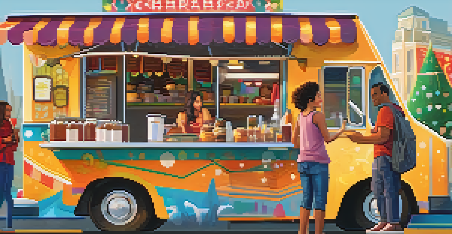 A food truck owner chatting with a smiling customer at a community event, with festive decorations and warm evening light.