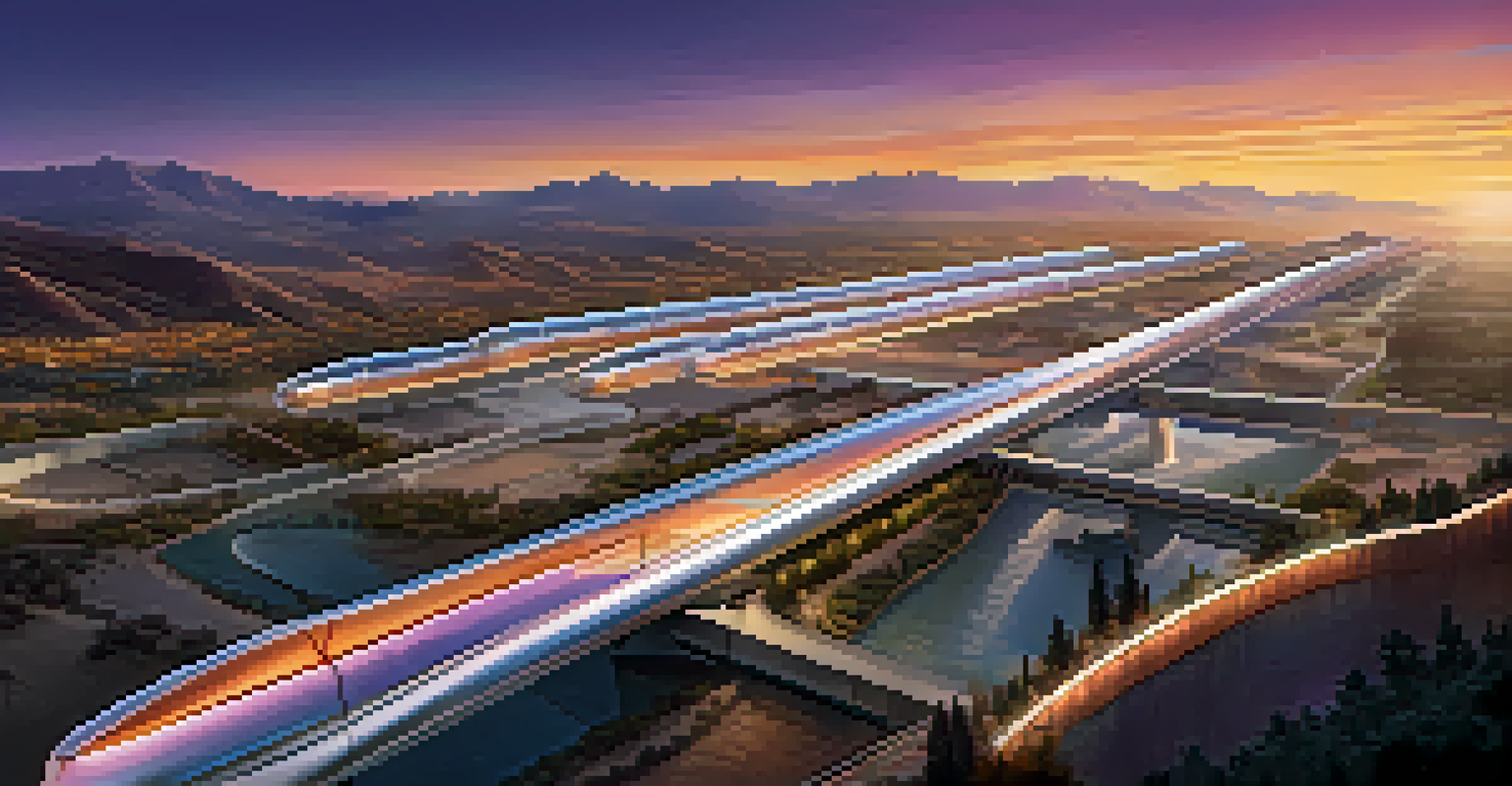 An aerial view of a futuristic Hyperloop network with transparent tubes over diverse landscapes under a sunset sky.
