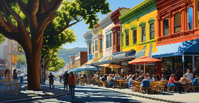 A lively urban scene with colorful murals, cafes, and diverse people in San Francisco's Mission District under bright sunlight.