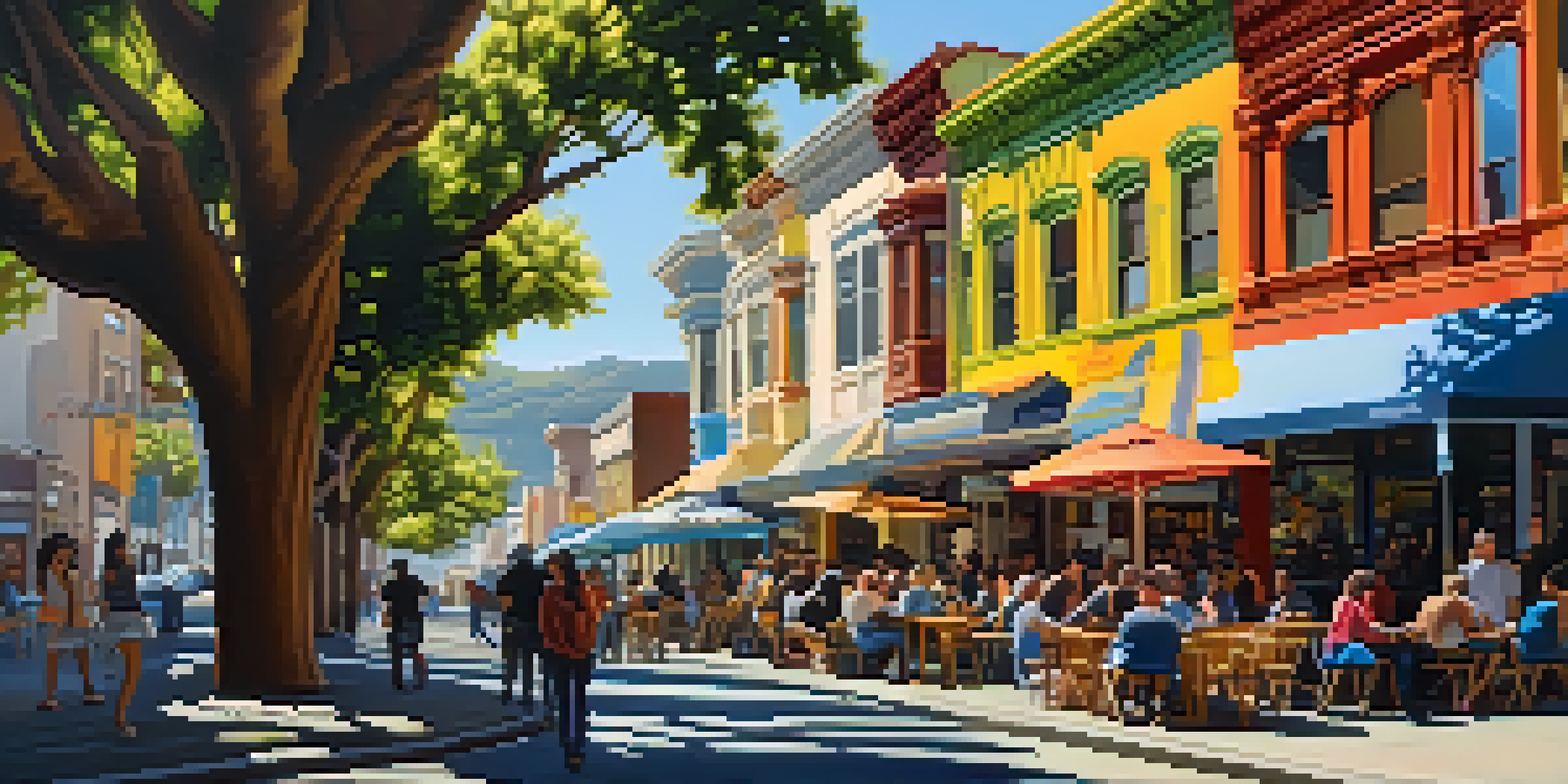 A lively urban scene with colorful murals, cafes, and diverse people in San Francisco's Mission District under bright sunlight.