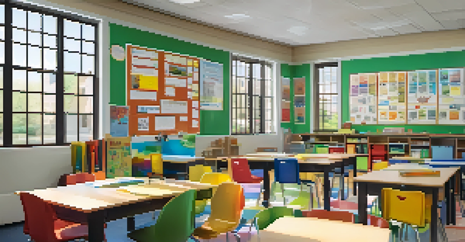 A bright and colorful classroom filled with students engaged in a hands-on learning activity.