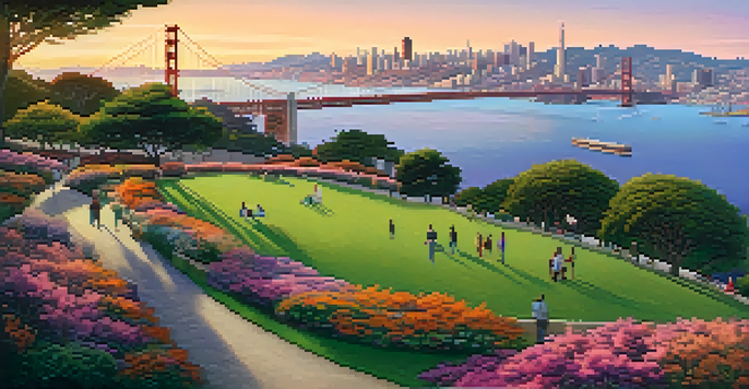 A sunset view of the San Francisco skyline, featuring the Golden Gate Bridge and green parks in the foreground.