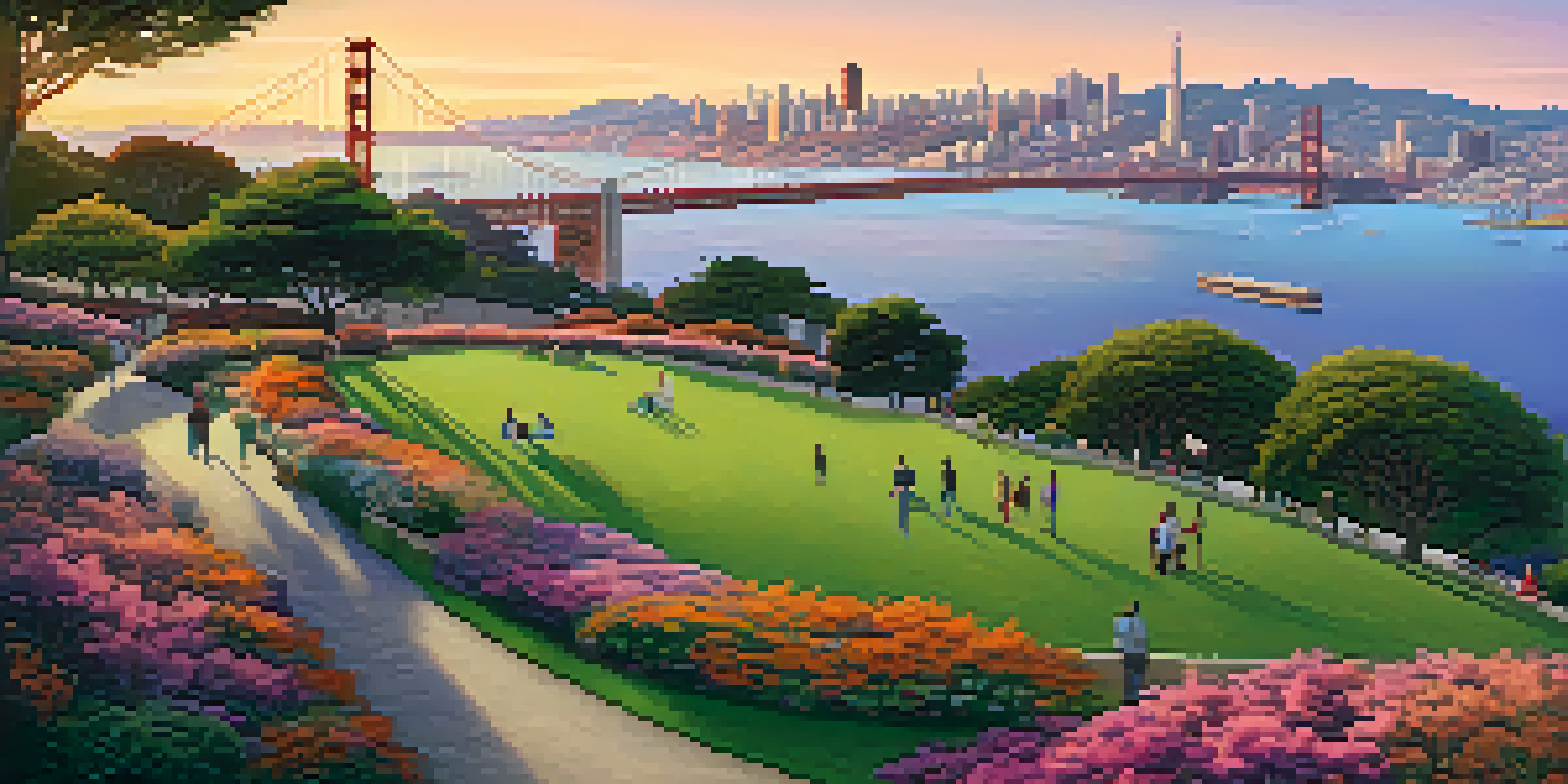 A sunset view of the San Francisco skyline, featuring the Golden Gate Bridge and green parks in the foreground.