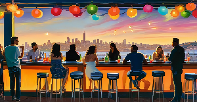 A rooftop bar with people enjoying drinks and a view of the San Francisco skyline during sunset, illuminated by string lights.