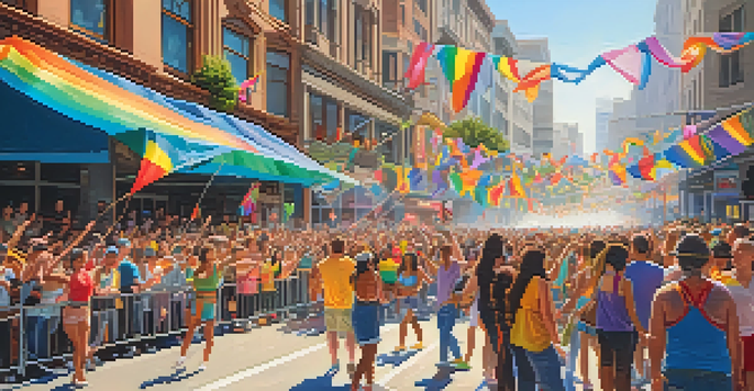 A lively street scene from the San Francisco Pride Parade filled with colorful floats, rainbow flags, and people celebrating diversity.