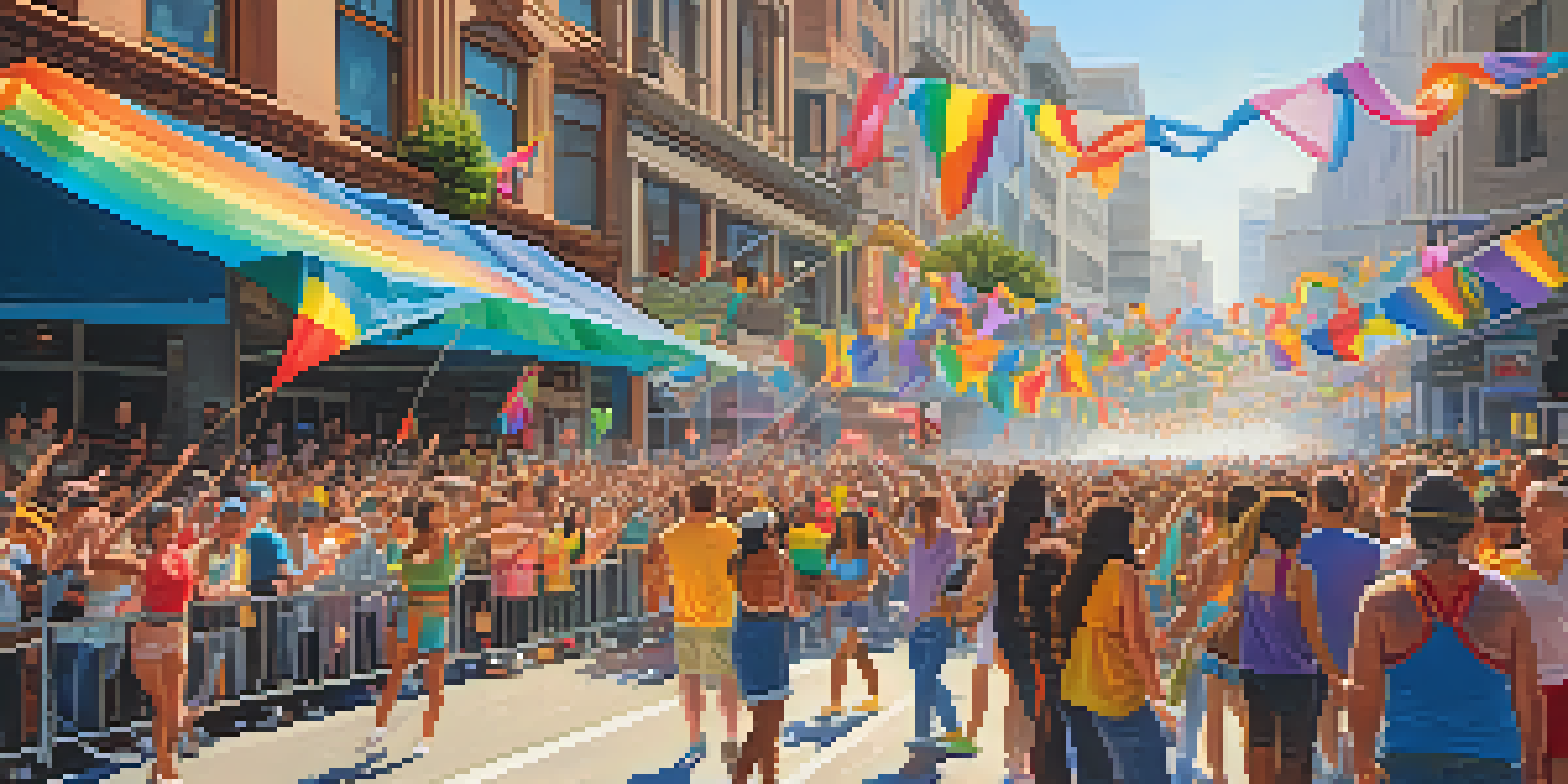 A lively street scene from the San Francisco Pride Parade filled with colorful floats, rainbow flags, and people celebrating diversity.
